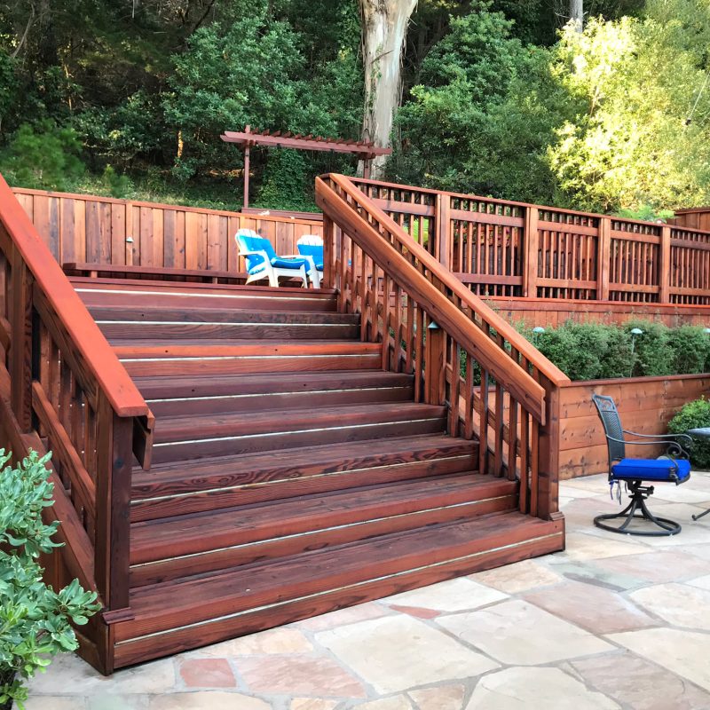 Redwood deck in Milbrae, California designed by Metamorphosis Landscaping.