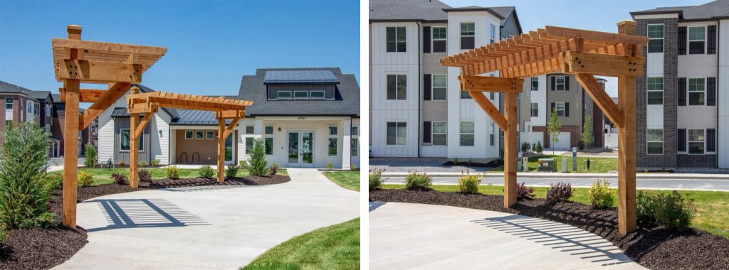 Western Timber Frame Harmony Ridge Clubhouse for Edge Homes features redwood trellises.